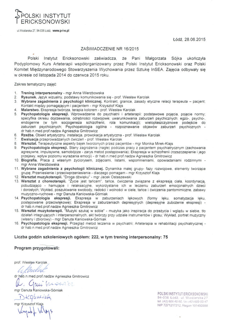 certyfikat trener komunikacji empatycznej NVC arteterapia
