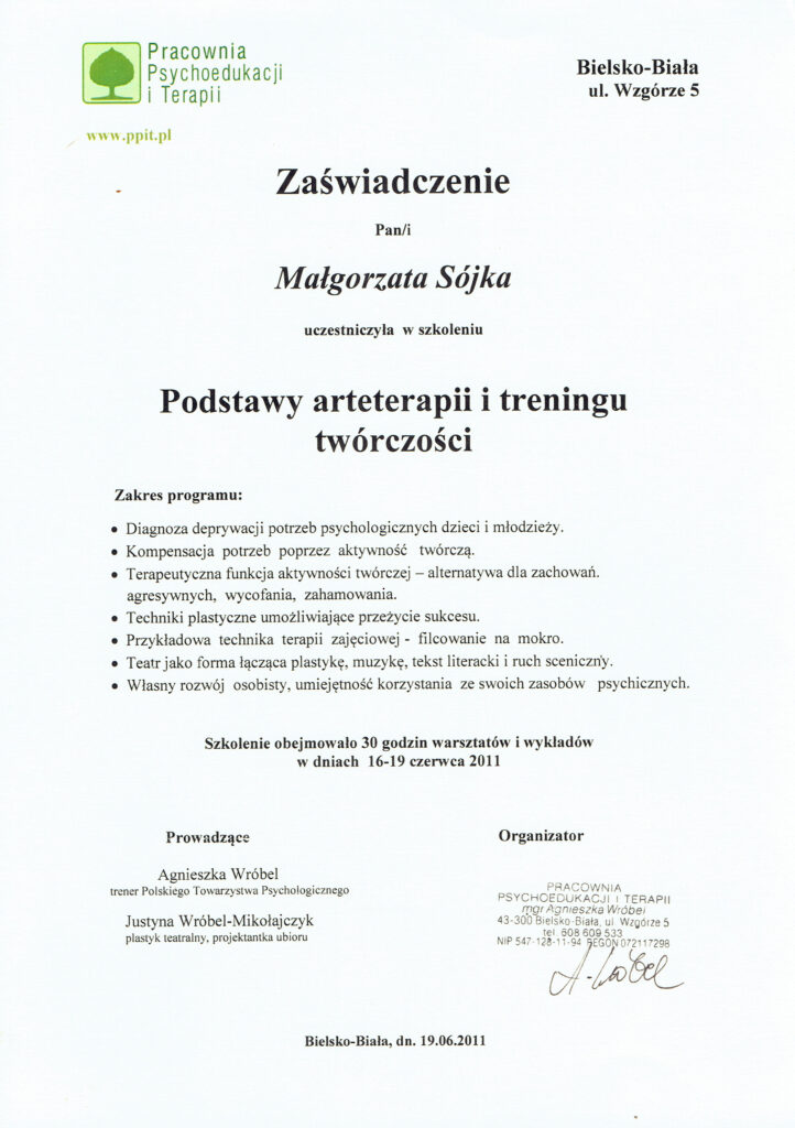 certyfikat trener komunikacji empatycznej NVC arteterapia